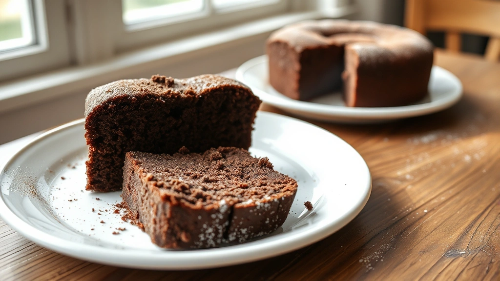 hero: sliced gluten-free dairy-free chocolate cake on white ceramic plate, rich dark chocolate crumb visible, dusted with cocoa powder and powdered sugar, natural window light, wooden farmhouse table background, rustic preppy styling