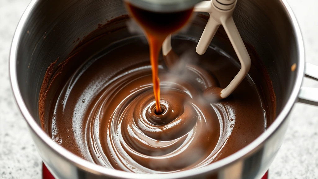 process: pouring hot coffee into thick chocolate cake batter in mixing bowl, steam rising, stainless steel bowl, professional kitchen lighting, in-action shot showing batter texture