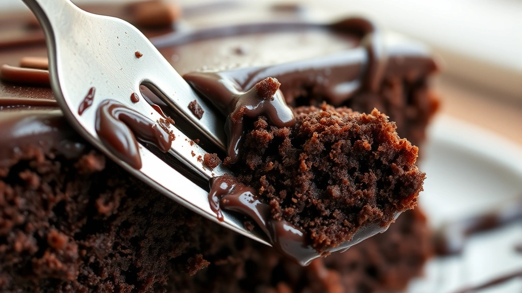 detail: close-up cross-section of moist chocolate cake layer showing tender crumb structure, fork taking bite, shallow depth of field, natural daylight, chocolate ganache drip visible
