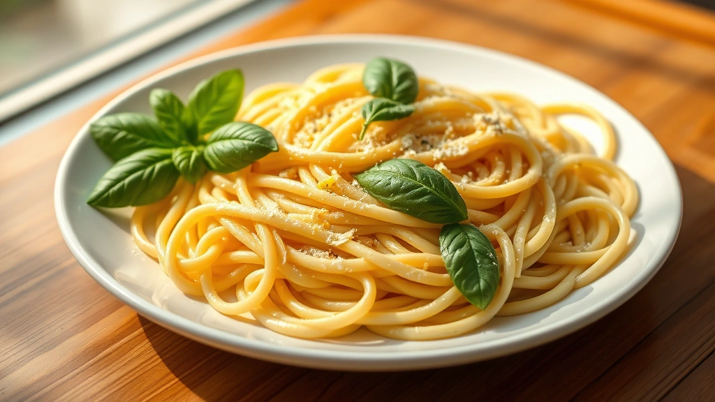 hero: creamy gluten-free dairy-free fettuccine pasta on white plate with fresh basil and lemon zest, golden lighting from window, photorealistic, natural light, no text