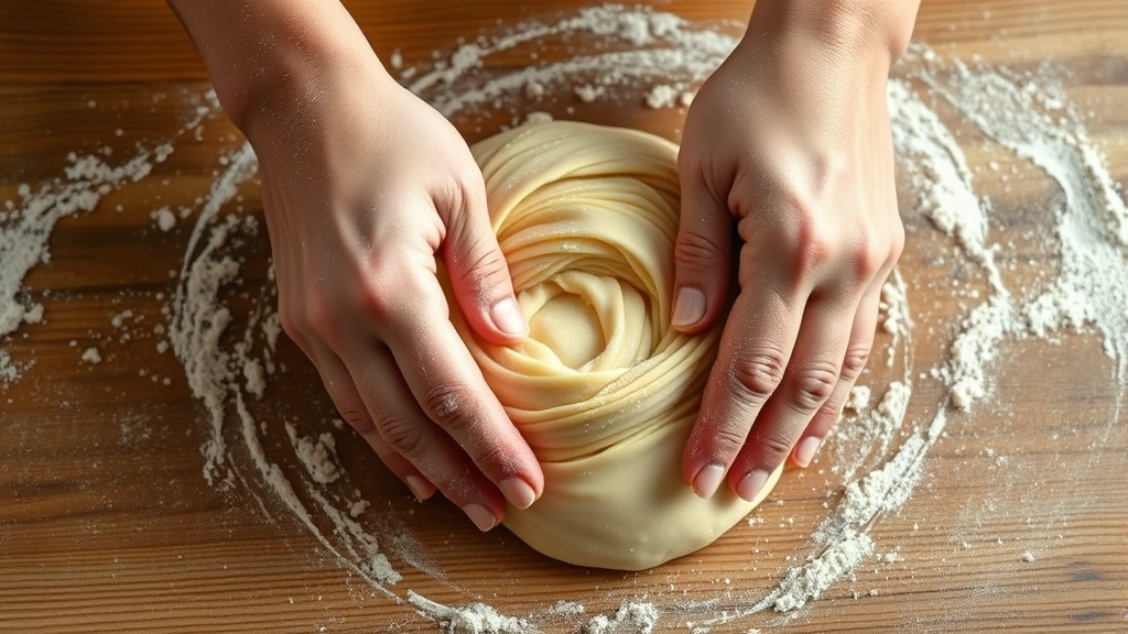 process: hands kneading smooth gluten-free pasta dough on wooden surface, flour dusted, photorealistic, natural light, no text