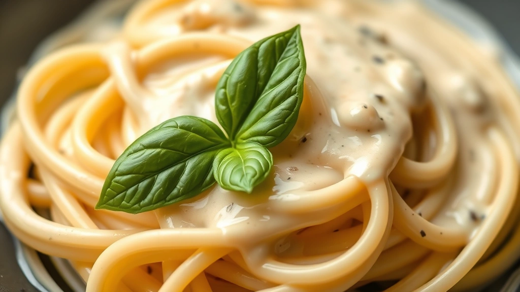 detail: close-up of silky cashew cream sauce coating fresh pasta strands with basil leaf, photorealistic, natural light, no text