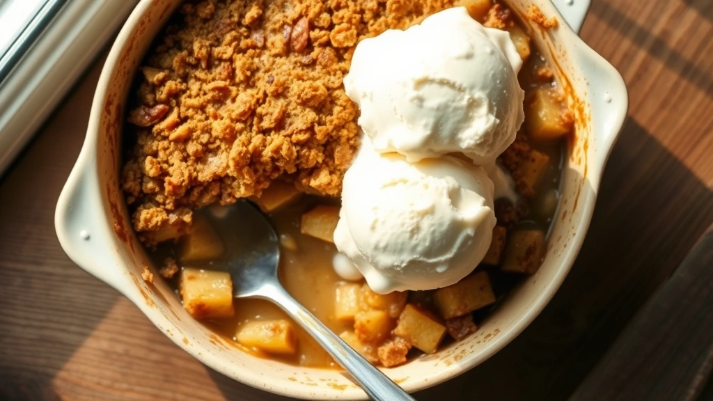 hero: golden-brown gluten-free apple crisp in ceramic baking dish, warm vanilla ice cream melting on top, steam rising, overhead flat lay shot, natural window light, rustic wooden table surface, no text