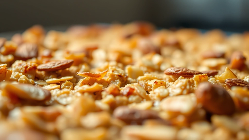detail: extreme close-up of baked golden crisp topping with almonds and oats visible, melted butter coating, shallow depth of field, warm natural lighting highlighting texture, no text