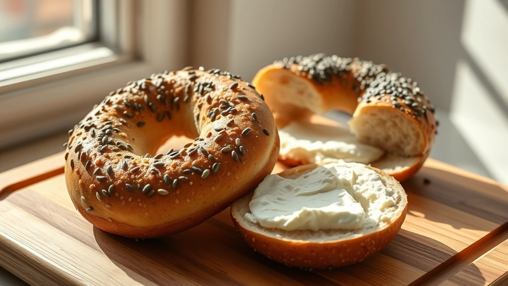 hero: fresh gluten-free bagels with everything seasoning and poppy seeds, split and toasted, cream cheese spread visible, morning sunlight streaming through window, on wooden cutting board, photorealistic, natural light, no text