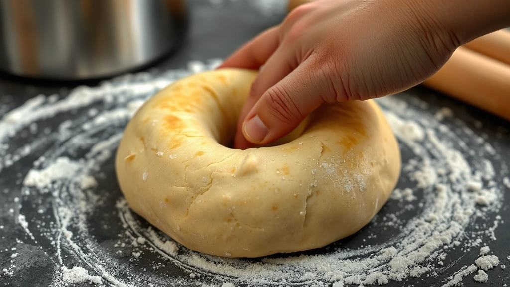 process: hand shaping bagel dough creating hole with thumb, flour dusted surface, boiling water pot in background, photorealistic, natural light, no text
