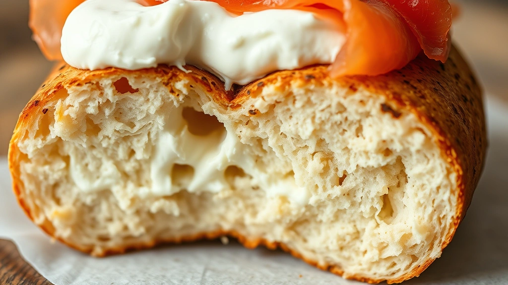 detail: close-up cross-section of toasted gluten-free bagel showing chewy interior crumb structure, cream cheese and lox on top, photorealistic, natural light, no text