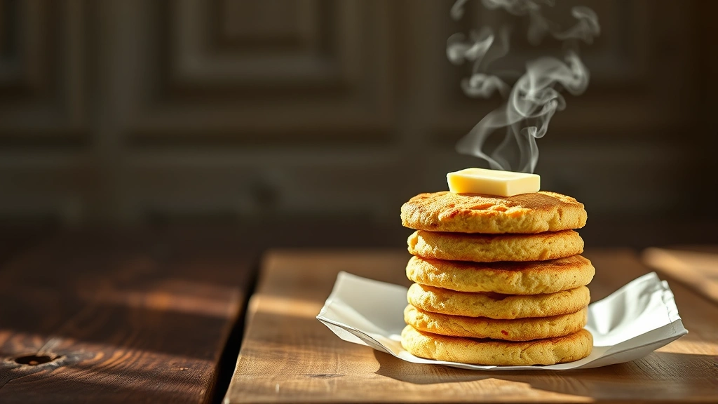 hero: stack of golden-brown gluten-free biscuits with steam rising, butter melting on top, rustic wooden table, natural morning light, no text, warm inviting aesthetic