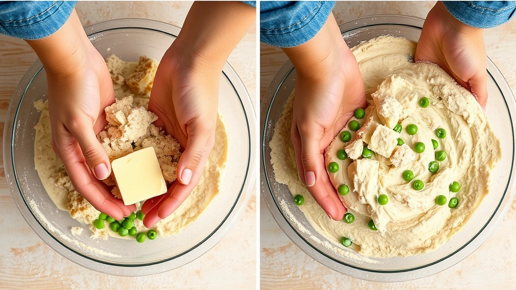 process: hands working cold butter into gluten-free flour mixture showing pea-sized pieces, top-down view, natural light, no text