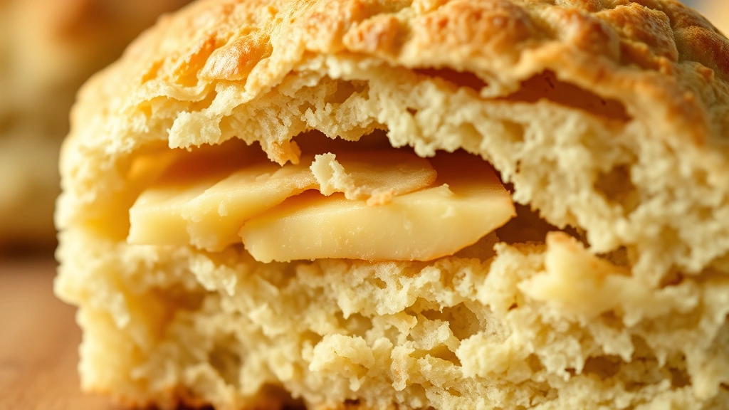 detail: close-up cross-section of freshly baked biscuit showing flaky layers and tender crumb, butter visible in layers, natural light, no text