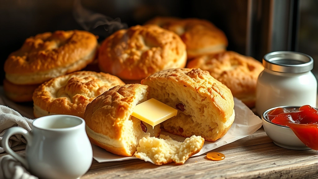 hero: golden brown gluten-free biscuits fresh from oven, steam rising, split open showing fluffy interior with butter melting, rustic farmhouse setting with cream and jam nearby, photorealistic, natural window light, no text