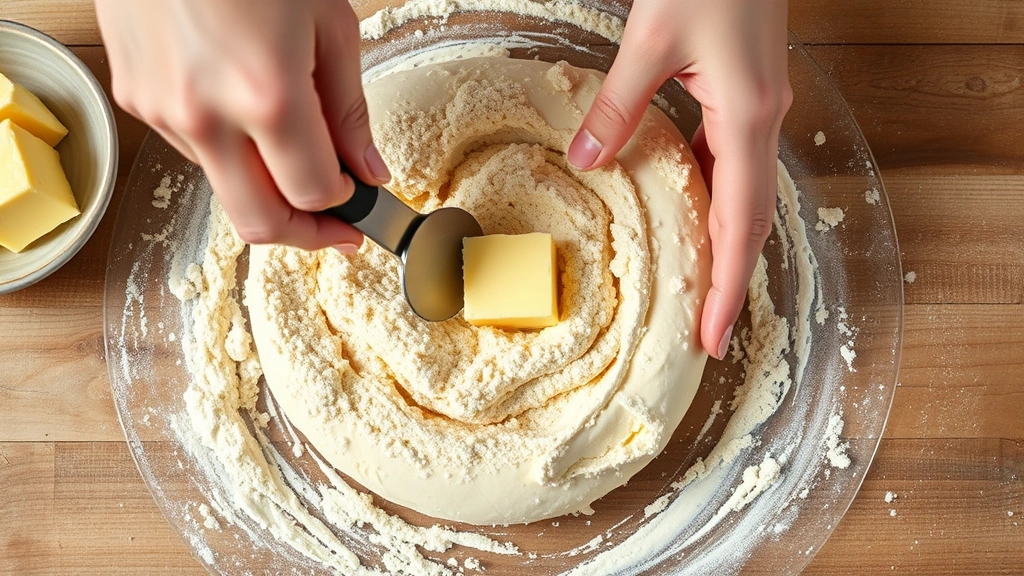 process: hands cutting butter into flour mixture with pastry cutter, creating breadcrumb texture, gluten-free biscuit dough in progress, photorealistic, natural light from above, no text