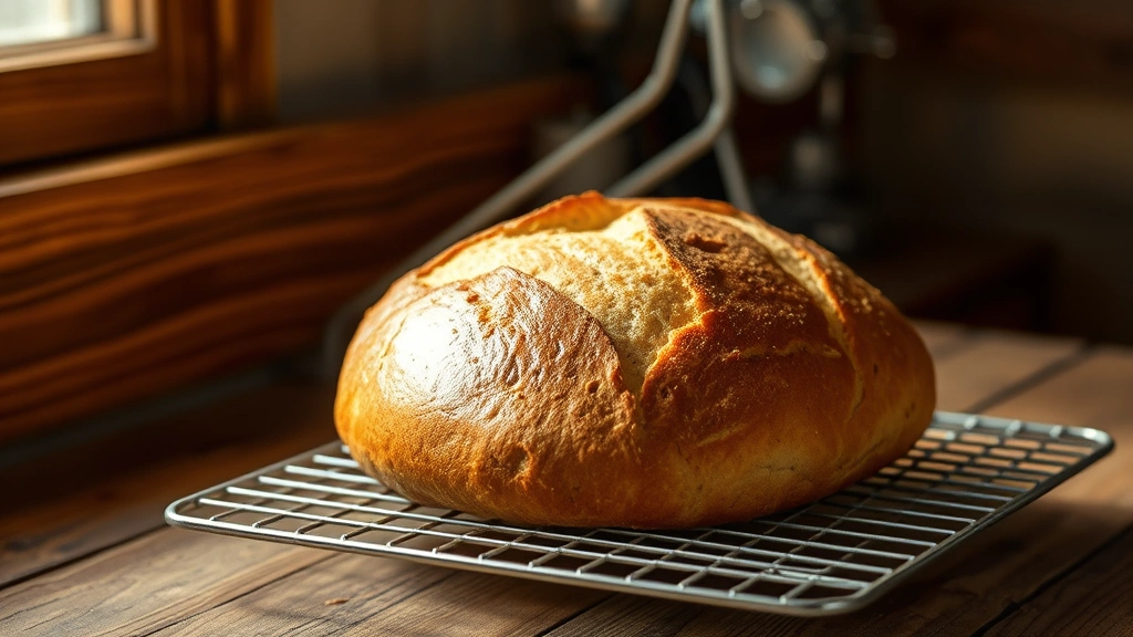 hero: freshly baked golden-brown gluten-free bread loaf on cooling rack, steam rising, natural window light, rustic wooden surface, artisan bakery style photography