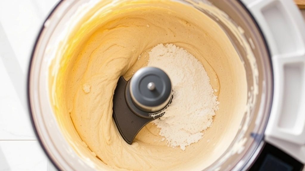 process: bread maker pan with thick gluten-free batter during kneading cycle, flour mixture being incorporated, overhead view, bright kitchen lighting