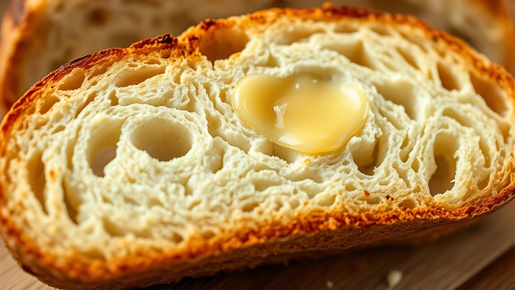 detail: close-up cross-section of sliced gluten-free bread showing tender crumb structure and air pockets, toasted slice with butter melting, macro photography with shallow depth of field