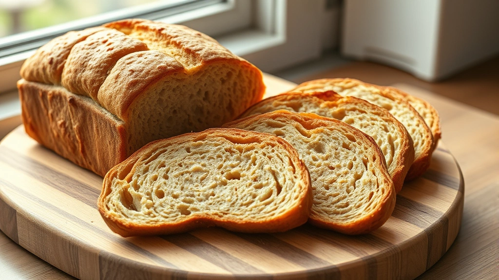 hero: golden-brown gluten-free loaf of bread on wooden cutting board with slices showing perfect crumb structure, natural window light, artisan bakery style, photorealistic, no text