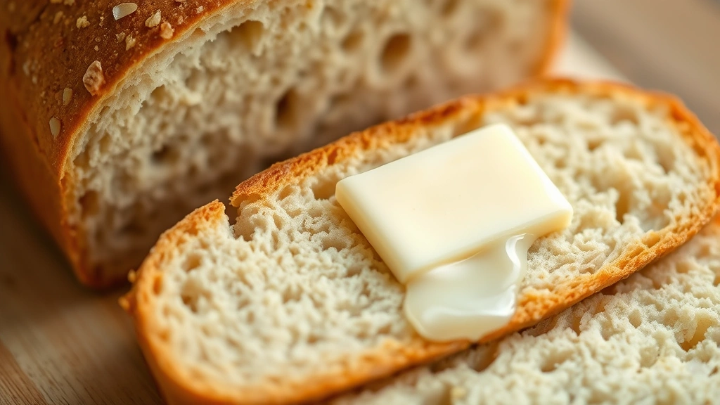 detail: close-up of fresh sliced gluten-free bread showing tender crumb and soft interior texture, butter melting on warm slice, natural daylight, photorealistic, no text