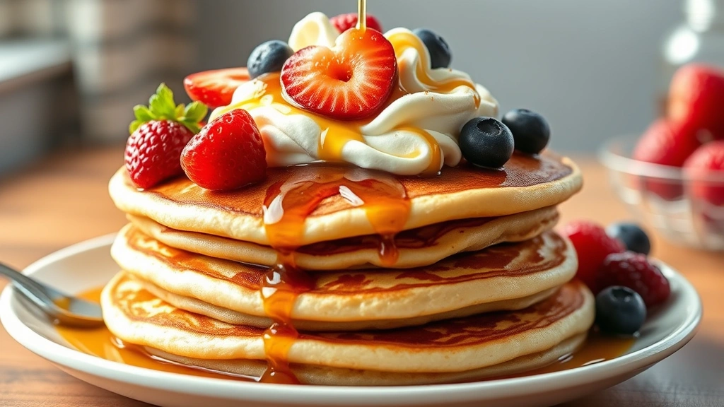 hero: stack of fluffy gluten-free pancakes with golden-brown edges topped with fresh berries, maple syrup drizzle, and whipped cream, photorealistic, natural morning light, no text