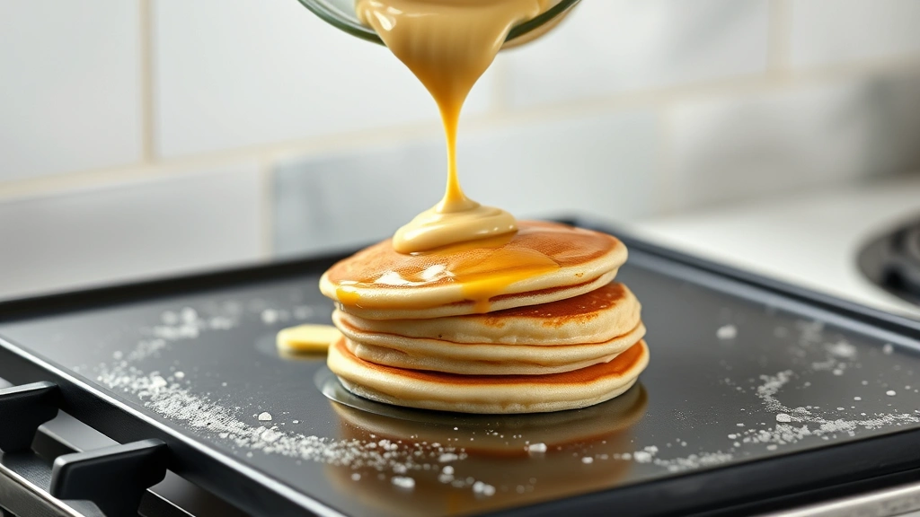 process: pouring gluten-free pancake batter onto a hot griddle with butter sizzling, pancake flipping mid-air, photorealistic, natural light, no text
