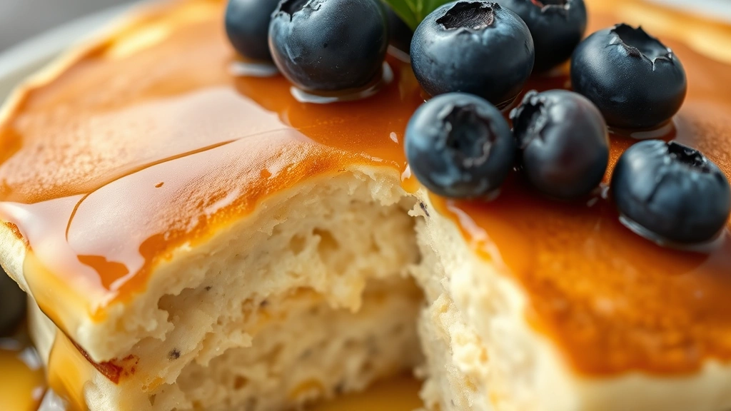 detail: close-up of a single fluffy pancake cross-section showing the light airy interior texture, topped with fresh blueberries and maple syrup, photorealistic, natural light, no text