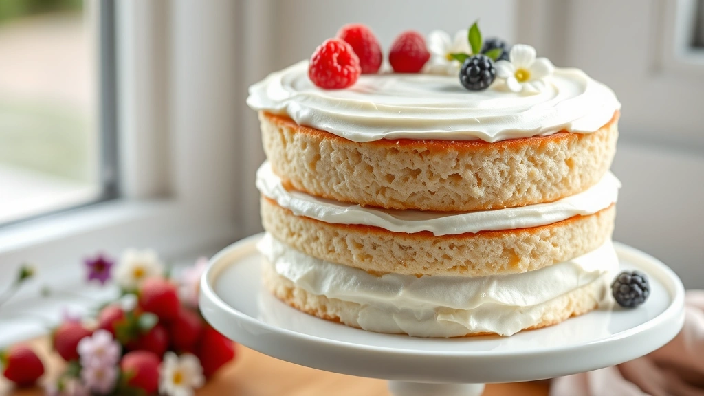 hero: fluffy two-layer gluten-free vanilla cake with creamy white frosting on a white cake stand, garnished with fresh berries and edible flowers, photorealistic, natural window lighting, close-up shot showing the tender crumb, no text
