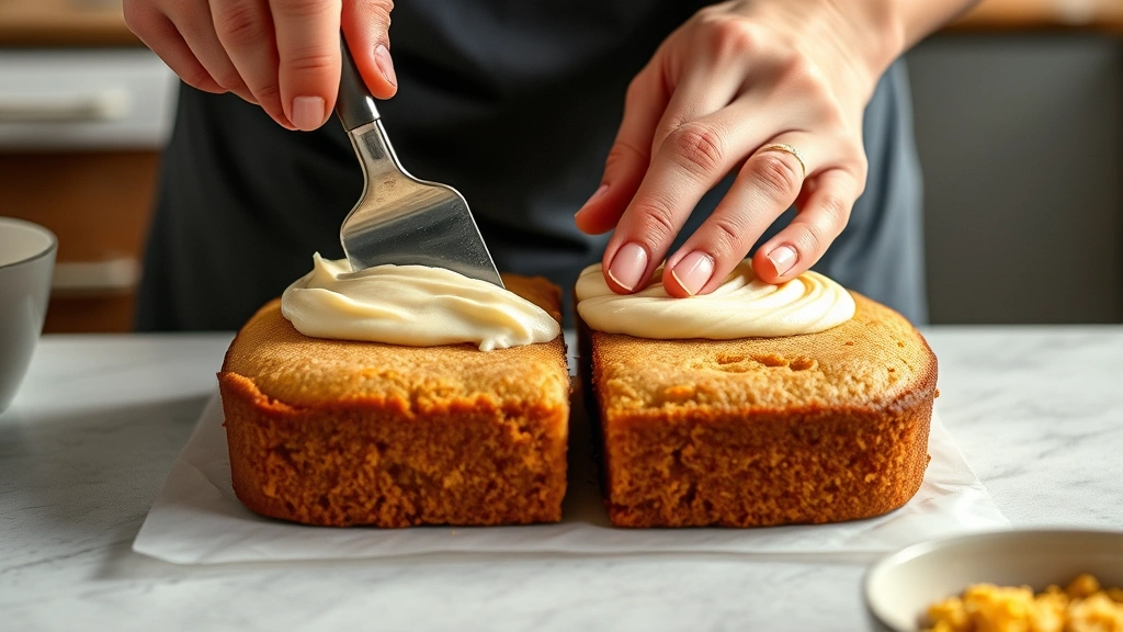 process: baker's hands spreading frosting between two golden-brown gluten-free cake layers with an offset spatula, photorealistic, natural kitchen lighting, shallow depth of field, no text