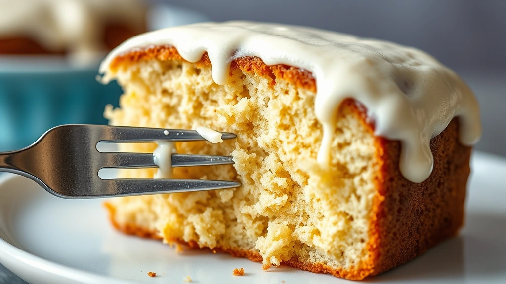 detail: close-up cross-section of sliced gluten-free cake showing moist tender crumb texture with a fork taking a bite, frosting dripping off, photorealistic, natural lighting, macro photography, no text