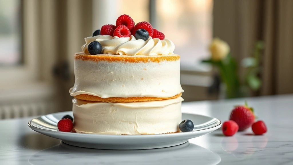 hero: two-layer gluten-free vanilla cake with smooth buttercream frosting and fresh berries on top, photorealistic, natural window light, elegant plating, no text