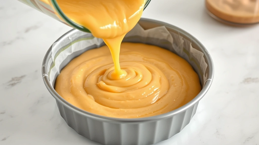 process: pouring golden cake batter into greased round cake pan, photorealistic, natural kitchen light, close-up angle, no text