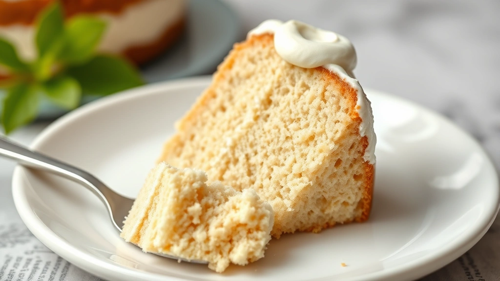 detail: slice of fluffy gluten-free cake on white plate with frosting fork, showing tender crumb structure, photorealistic, natural light, no text