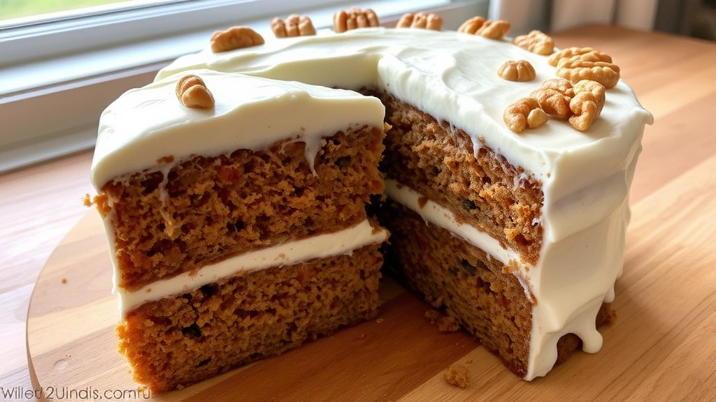 hero: gluten-free carrot cake with cream cheese frosting, two-layer, slice partially removed, showing moist interior with carrot and walnut pieces visible, natural window light, wooden surface background, no text or watermarks