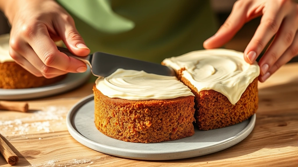 process: hands spreading cream cheese frosting between two cooled carrot cake layers with offset spatula, artisanal bakery setting, warm natural light, close-up detail showing frosting texture