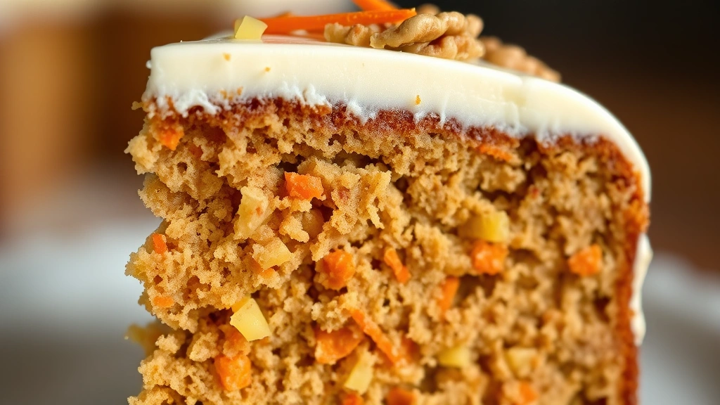 detail: close-up cross-section of gluten-free carrot cake slice showing tender crumb structure, grated carrots, crushed pineapple, walnuts, and fluffy frosting layer, macro photography, natural light, shallow depth of field