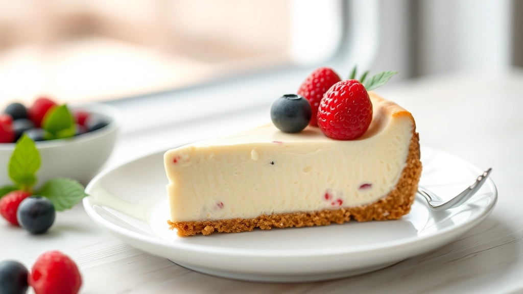 hero: slice of creamy gluten-free cheesecake on white plate with fresh berries on top, photorealistic, natural window light, no text, shallow depth of field