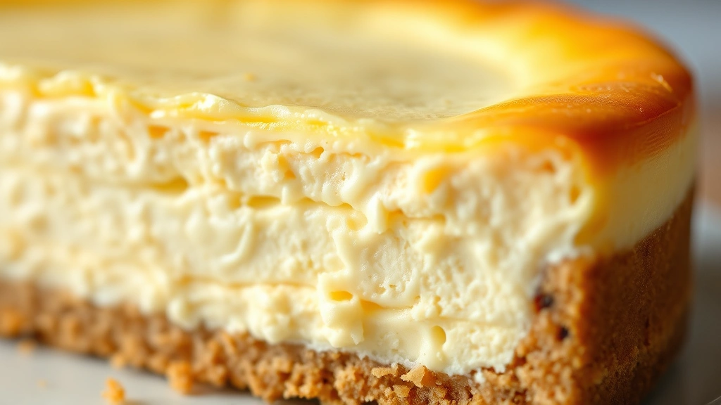 detail: close-up cross-section of finished cheesecake showing creamy filling layers and golden crust, photorealistic, natural light, no text, macro photography