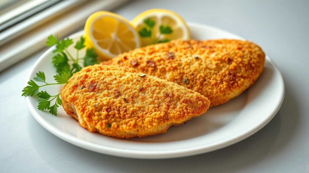 hero: golden-brown gluten-free breaded chicken breast on white plate with fresh lemon wedges and parsley garnish, photorealistic, natural window light, no text