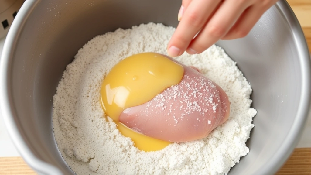 process: chicken breast being dipped in egg mixture then pressed into gluten-free flour blend in breading station, photorealistic, natural light, no text
