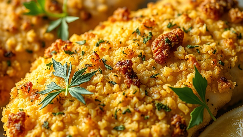 detail: close-up of perfectly crispy golden gluten-free chicken crust with fresh herbs and lemon, photorealistic, natural light, no text