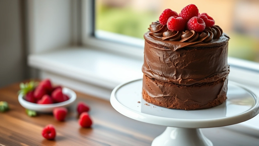 hero: stunning gluten-free chocolate layer cake with rich chocolate frosting, two layers, fresh raspberries on top, displayed on white cake plate, photorealistic, natural window light, no text