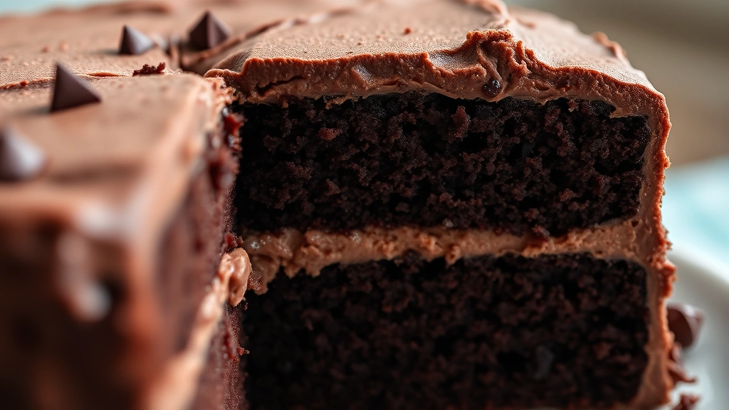 detail: close-up cross-section of chocolate cake showing moist fudgy crumb structure, frosting layers visible, photorealistic, natural light, no text