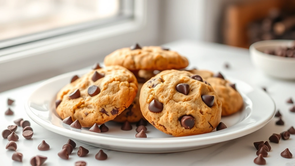 hero: golden brown gluten-free chocolate chip cookies on a white plate with scattered chocolate chips, photorealistic, natural window light, no text