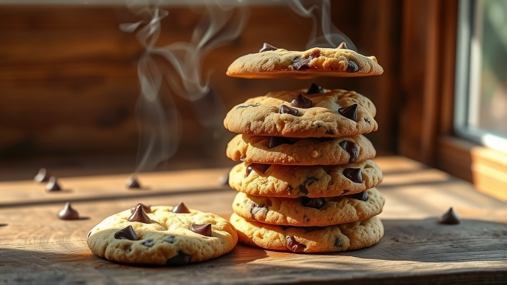 hero: stack of warm gluten-free chocolate chip cookies on a rustic wooden surface with steam rising, natural window light casting shadows, freshly baked golden brown edges with melted chocolate visible, photorealistic, no text
