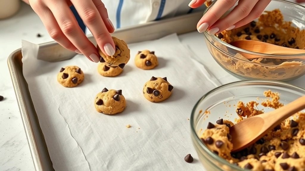 process: hands dropping cookie dough scoops onto parchment-lined baking sheet, bowl of chocolate chip cookie dough with wooden spoon nearby, bright kitchen lighting, photorealistic, no text
