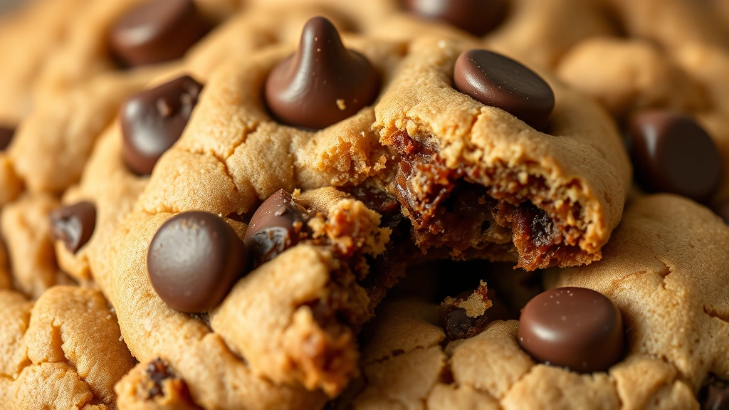 detail: close-up macro shot of single cookie showing melted chocolate chips and chewy texture, cookie broken in half revealing interior crumb structure, warm natural lighting, photorealistic, no text