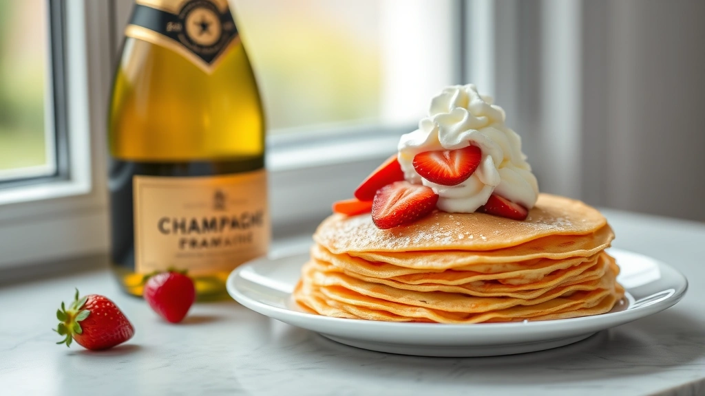 hero: stack of golden crepes on white plate with fresh strawberries and whipped cream, champagne bottle beside, natural window light, soft focus background, no text