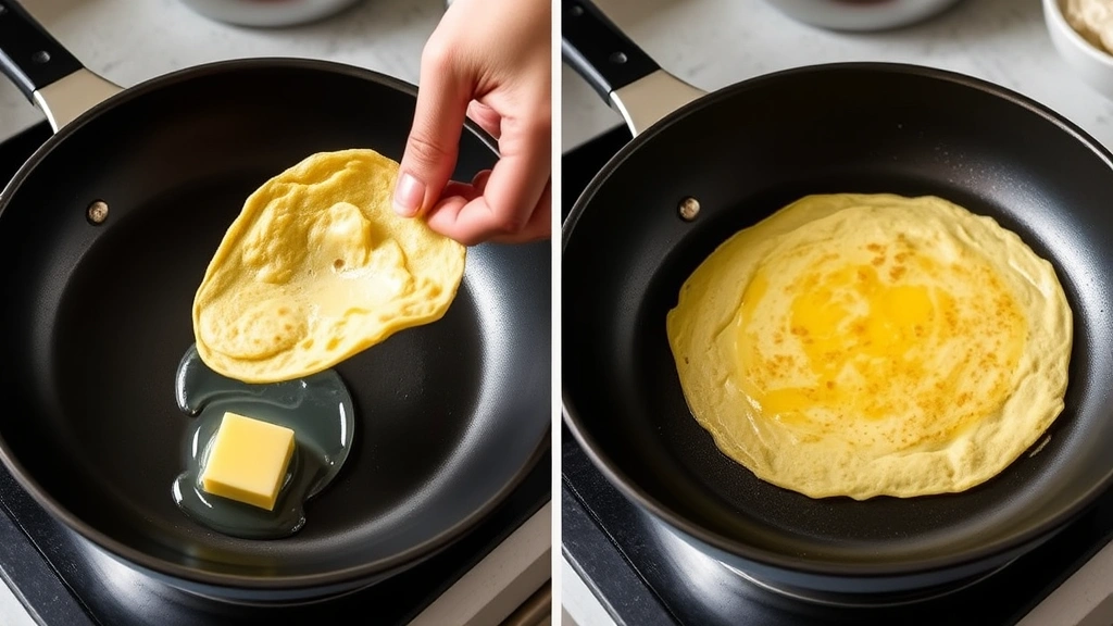 process: hand flipping delicate golden crepe in non-stick pan, butter melting, kitchen counter, natural daylight, professional food photography, no text