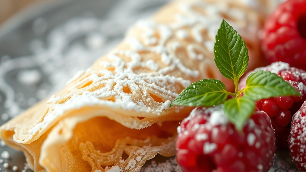 detail: close-up of crepe texture showing lacy edges and tender interior, fresh raspberries and powdered sugar, shallow depth of field, warm natural light, no text
