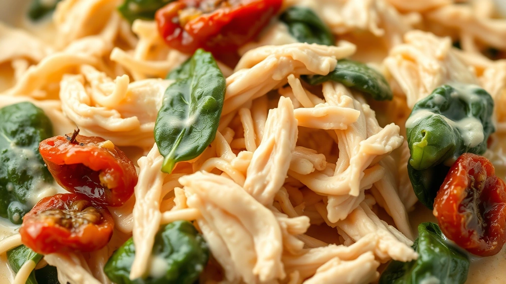 detail: close-up of tender shredded chicken with creamy sauce, spinach, and sun-dried tomatoes, photorealistic, macro photography with shallow depth of field, no text
