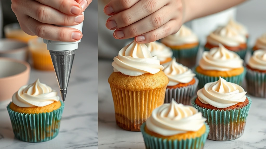 process: Hands piping buttercream frosting onto cooled gluten-free cupcakes using a piping bag, showing the texture and technique, photorealistic, natural kitchen light, close enough to see the frosting swirl details