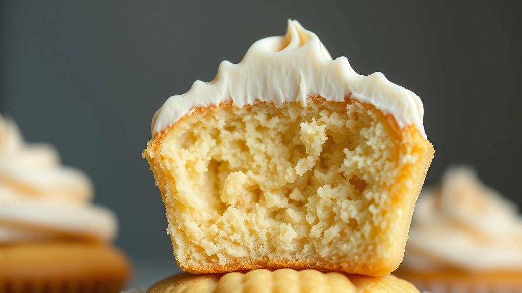 detail: Close-up cross-section of a single gluten-free cupcake showing the tender moist crumb interior and layers of frosting, photorealistic, natural light, shallow depth of field